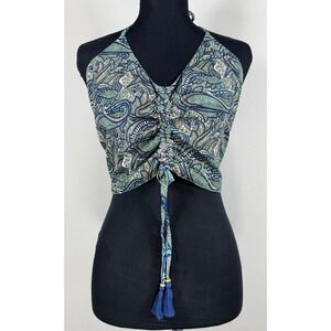Earthbound Trading Co Paisley Halter Top Women XL Boho Tassel Blue Green NEW